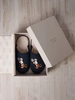 Chelsea Peers Blue Corduroy Embroidered Tennis Tiger Slippers