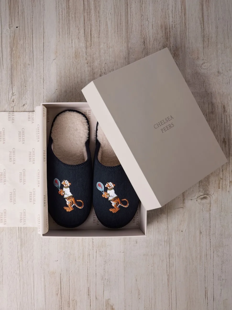 Chelsea Peers Blue Corduroy Embroidered Tennis Tiger Slippers