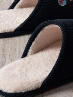 Chelsea Peers Blue Corduroy Embroidered Tennis Tiger Slippers