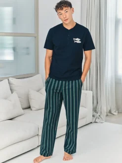 Chelsea Peers Blue Embroidered Fish Henley Stripe Long Pyjama Set