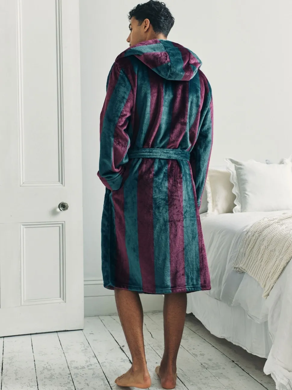 Chelsea Peers Blue Fleece Stripe Hooded Dressing Gown