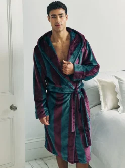 Chelsea Peers Blue Fleece Stripe Hooded Dressing Gown