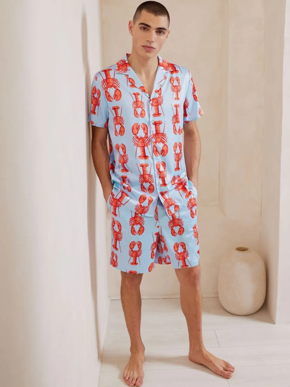 Chelsea Peers Blue Satin Lobster Print Short Pyjamas Set