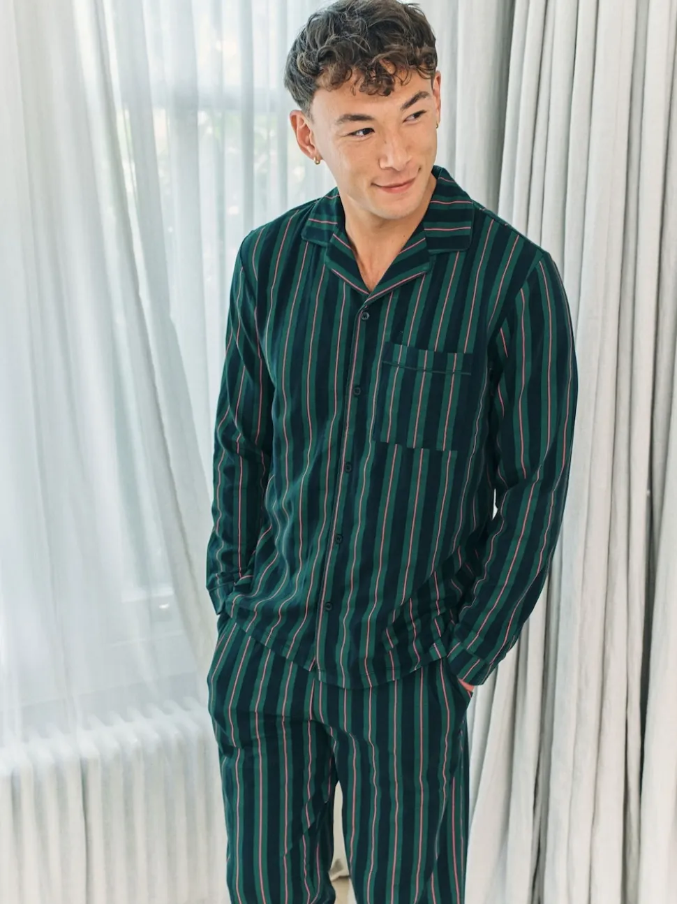 Chelsea Peers Blue Stripe Button Up Long Pyjamas Set