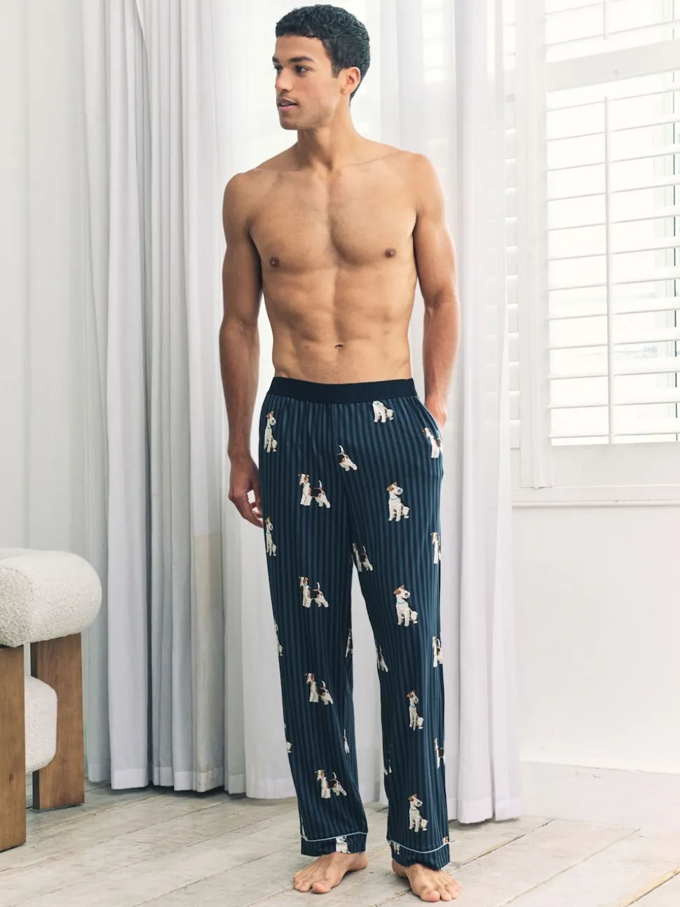 Chelsea Peers Blue Terrier Dog Stripe Print Long Pyjama Bottoms