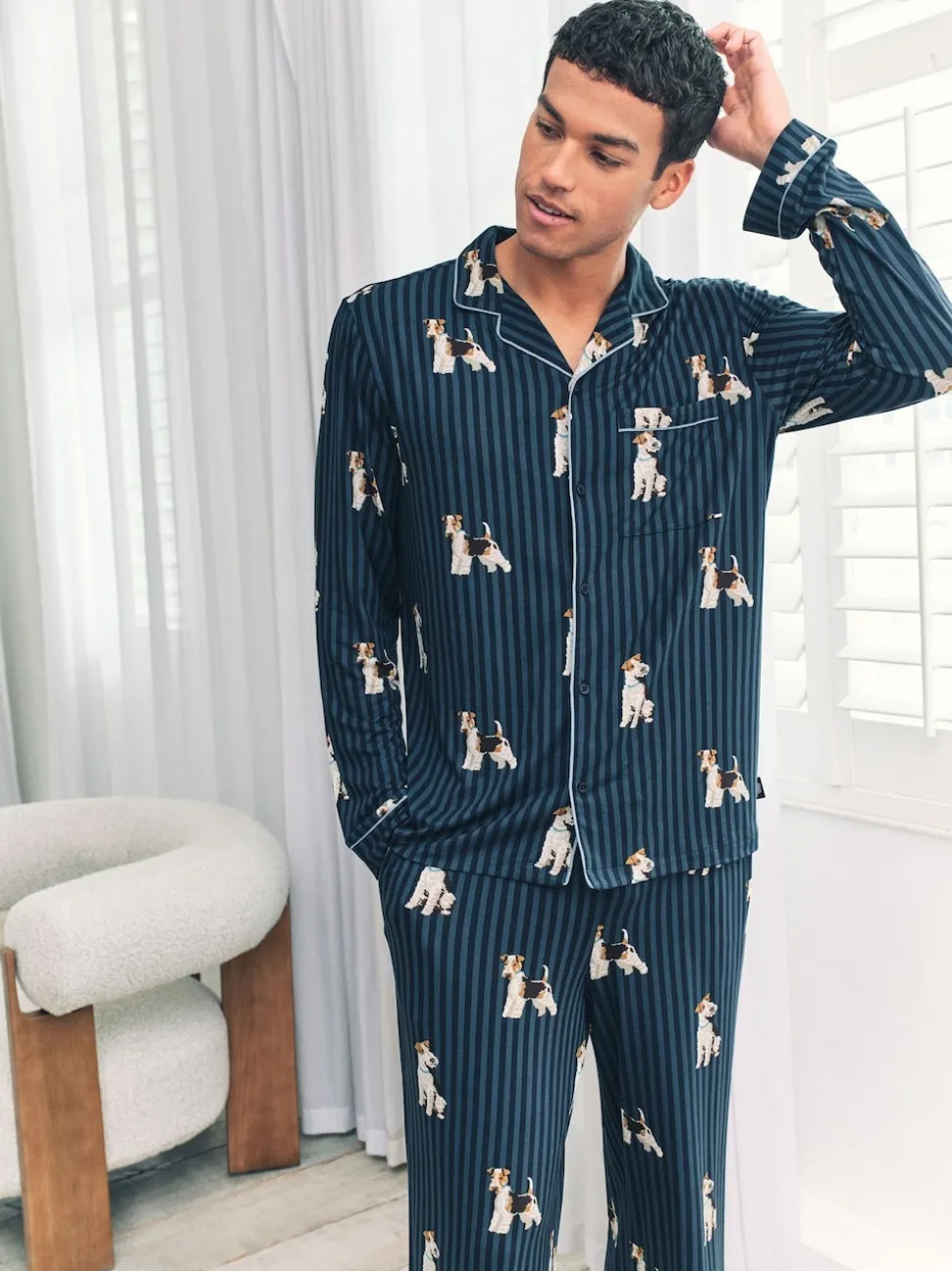 Chelsea Peers Blue Terrier Dog Stripe Print Long Pyjamas Set