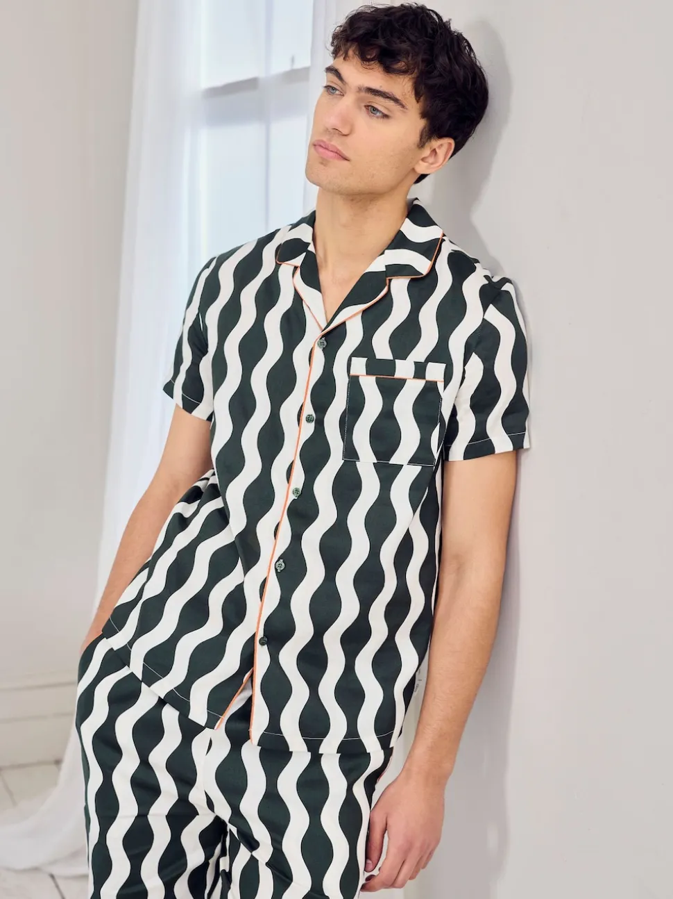 Chelsea Peers Green Cotton Poplin Wavy Stripe Long Pyjamas Set