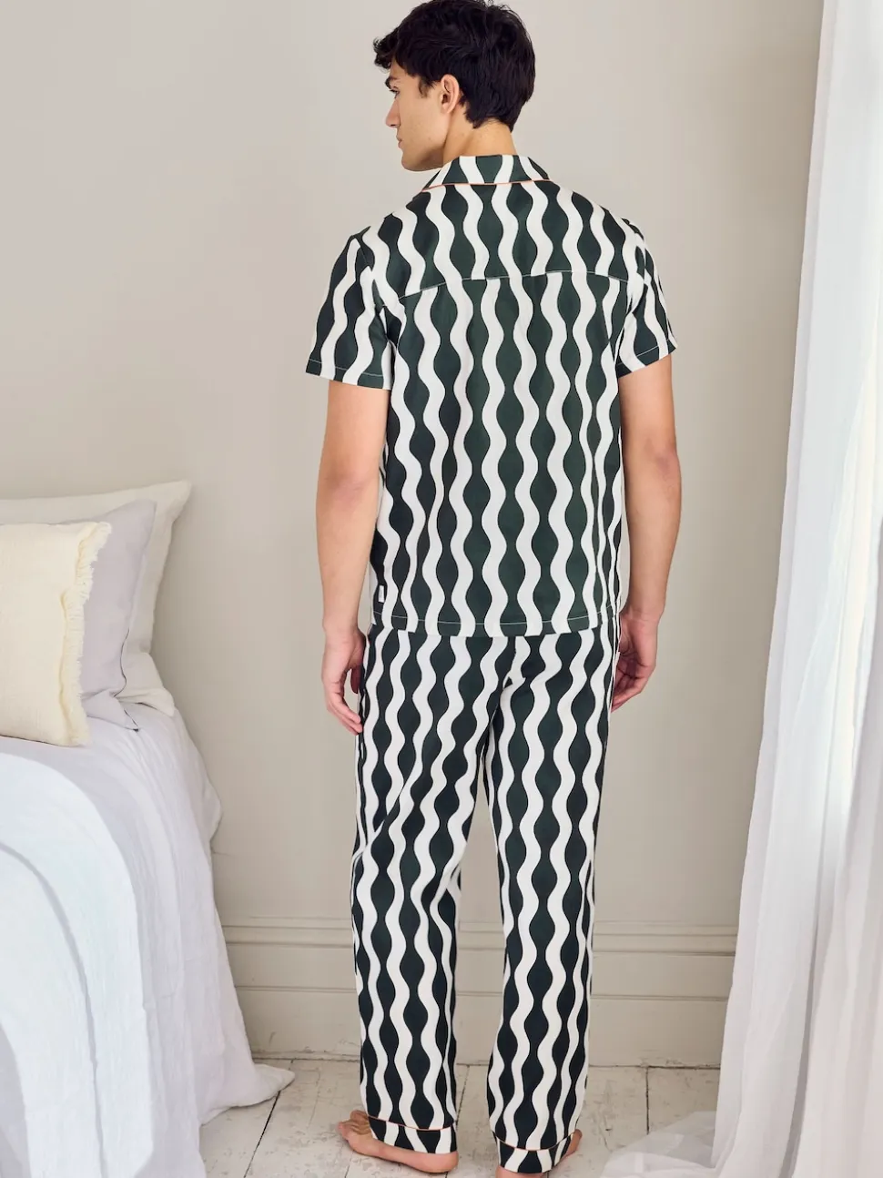 Chelsea Peers Green Cotton Poplin Wavy Stripe Long Pyjamas Set