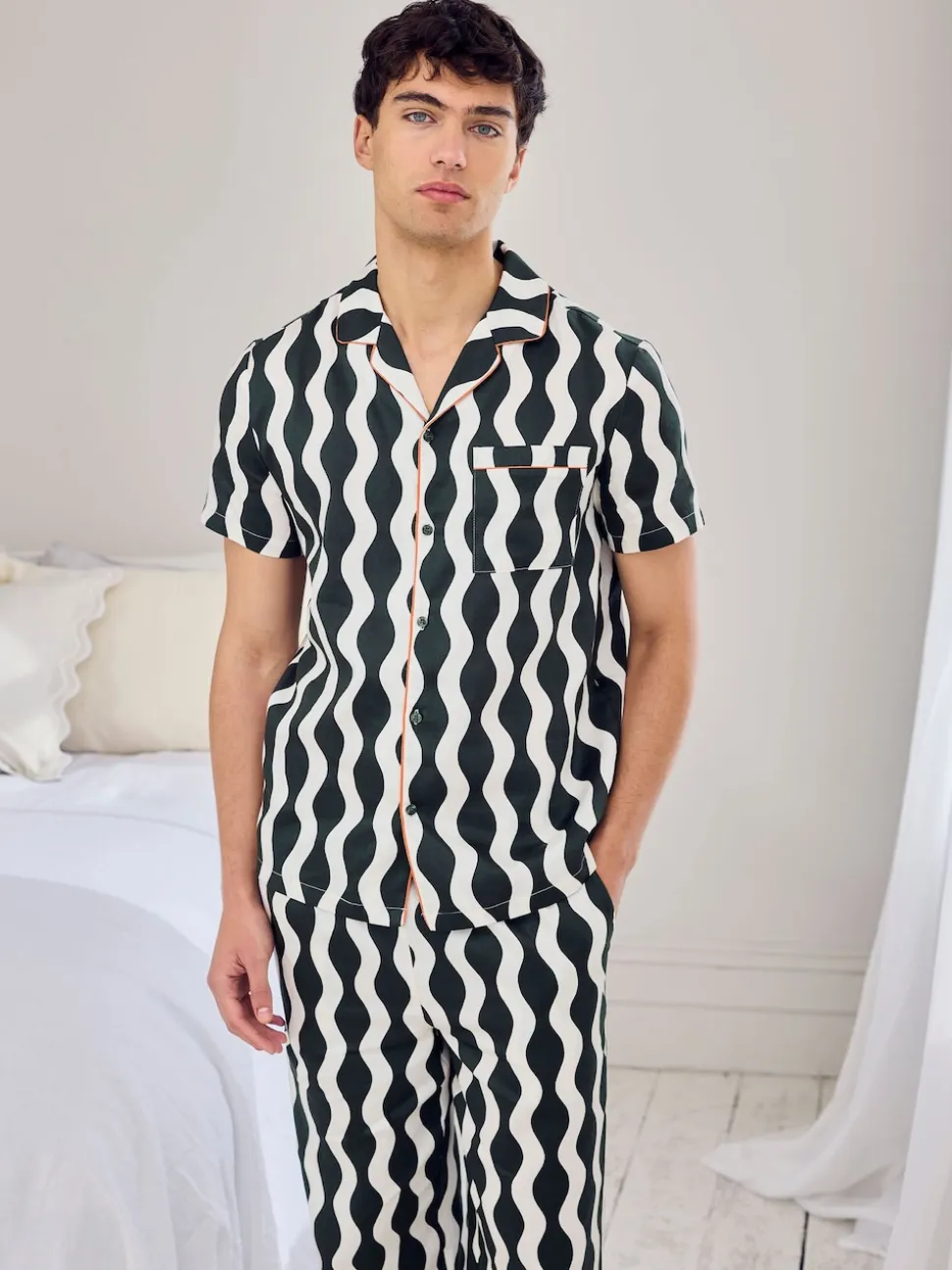 Chelsea Peers Green Cotton Poplin Wavy Stripe Long Pyjamas Set