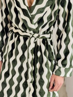 Chelsea Peers Green Fleece Wavy Stripe Hooded Dressing Gown