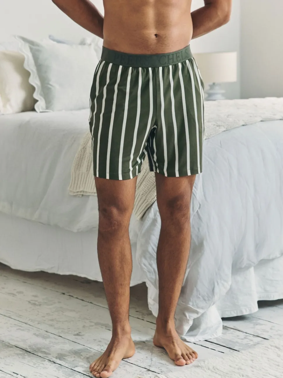 Chelsea Peers Green Stripe Button Up Pyjama Shorts - Khaki