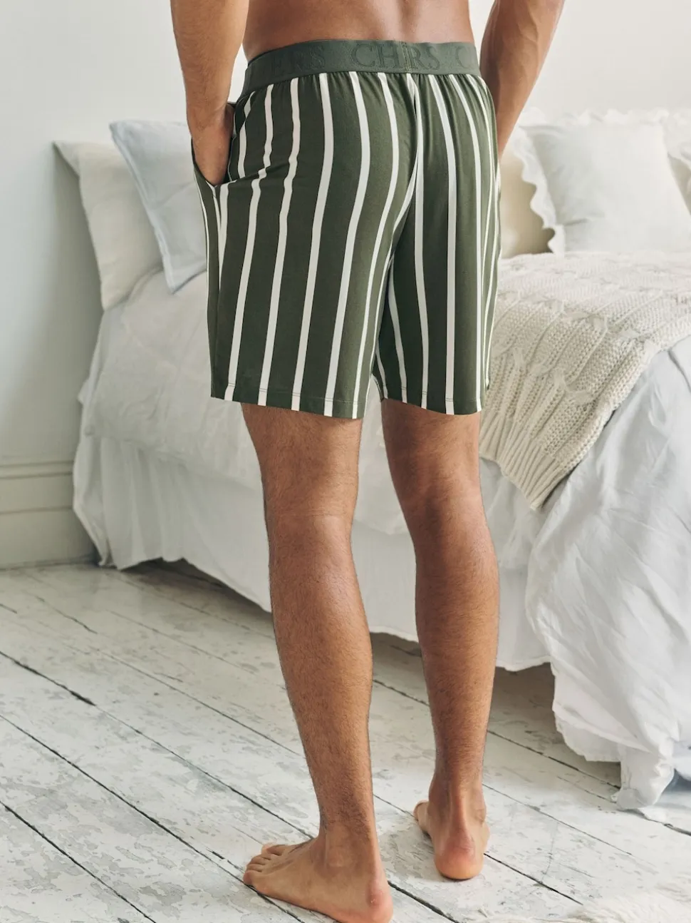 Chelsea Peers Green Stripe Button Up Pyjama Shorts - Khaki