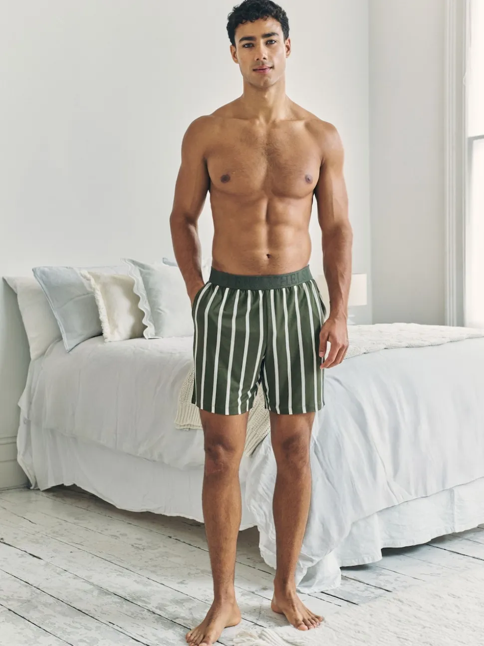 Chelsea Peers Green Stripe Button Up Pyjama Shorts - Khaki