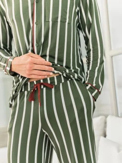 Chelsea Peers Green Stripe Button Up Long Pyjamas Set