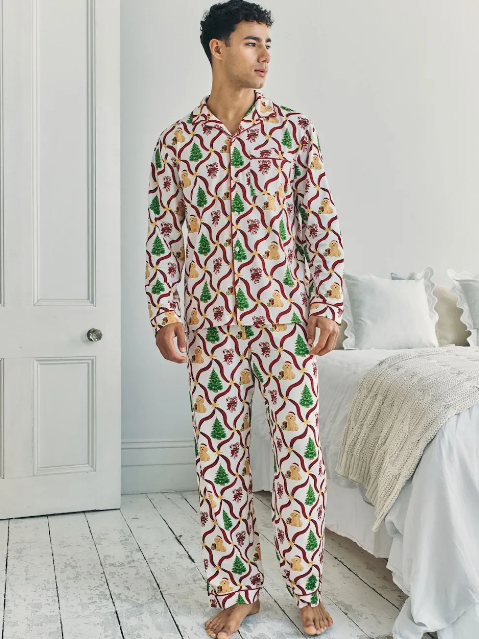 Chelsea Peers Red Christmas Tree & Dog Long Pyjamas Set