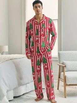 Chelsea Peers Red Christmas Teddy Bear Stripe Print Long Pyjamas Set