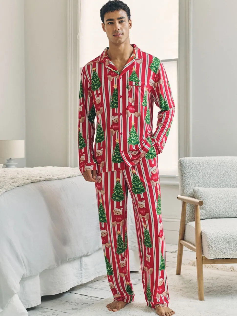 Chelsea Peers Red Christmas Teddy Bear Stripe Print Long Pyjamas Set