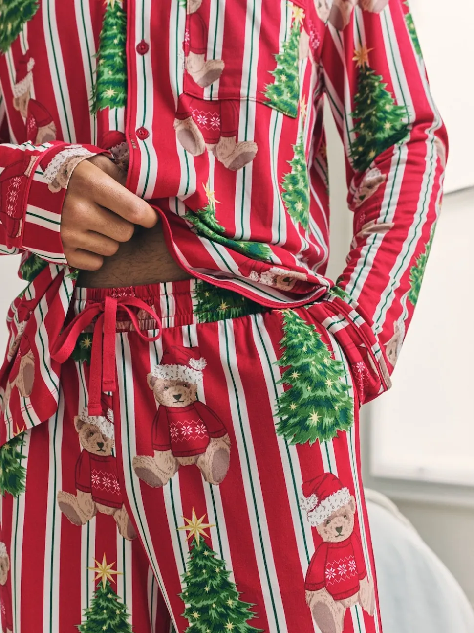 Chelsea Peers Red Christmas Teddy Bear Stripe Print Long Pyjamas Set