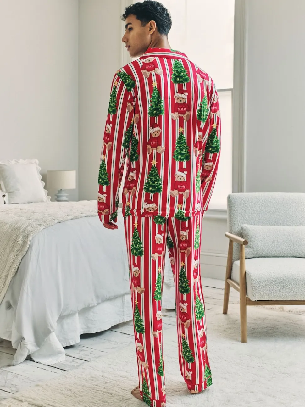Chelsea Peers Red Christmas Teddy Bear Stripe Print Long Pyjamas Set
