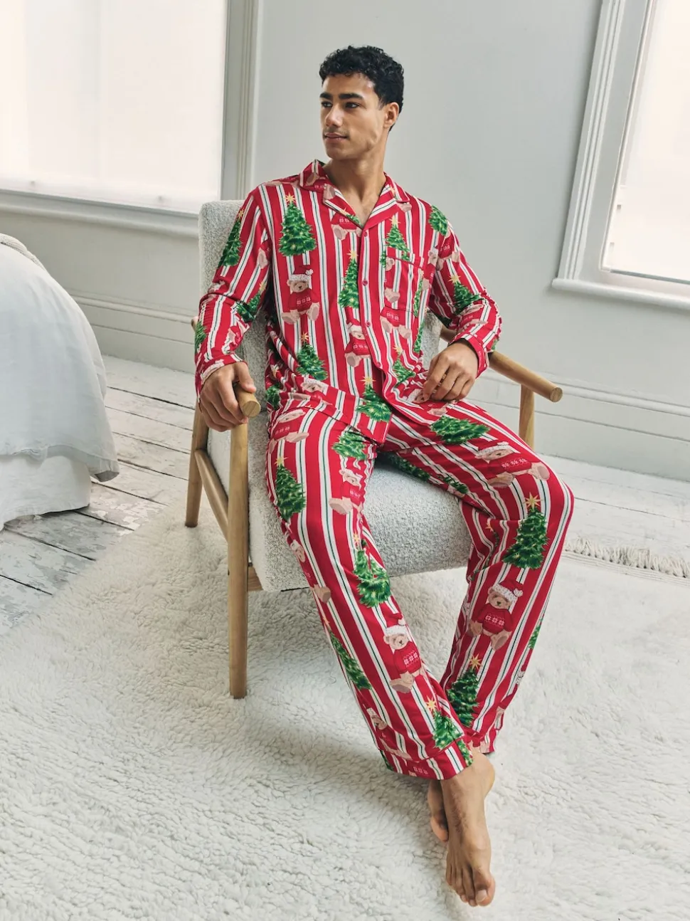 Chelsea Peers Red Christmas Teddy Bear Stripe Print Long Pyjamas Set