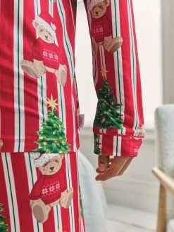 Chelsea Peers Red Christmas Teddy Bear Stripe Print Long Pyjamas Set