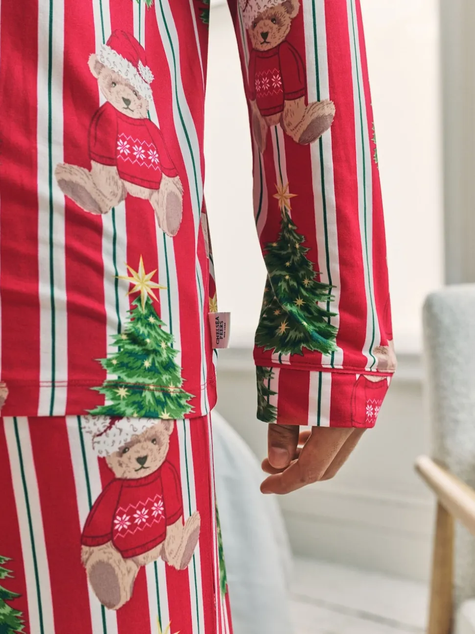 Chelsea Peers Red Christmas Teddy Bear Stripe Print Long Pyjamas Set