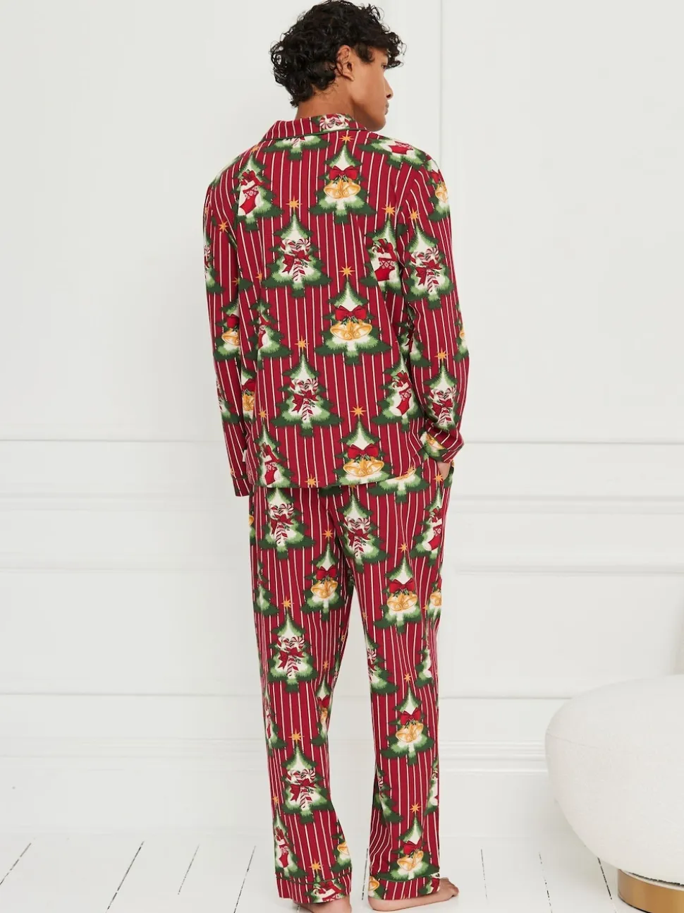 Chelsea Peers Red Cotton Christmas Tree Stripe Long Pyjamas Set