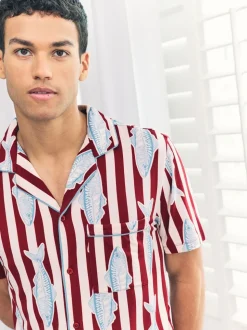 Chelsea Peers Red Gone Fishing Stripe Print Short Pyjamas Set