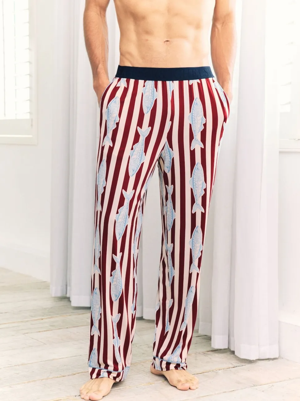 Chelsea Peers Red Gone Fishing Stripe Print Long Pyjama Bottoms