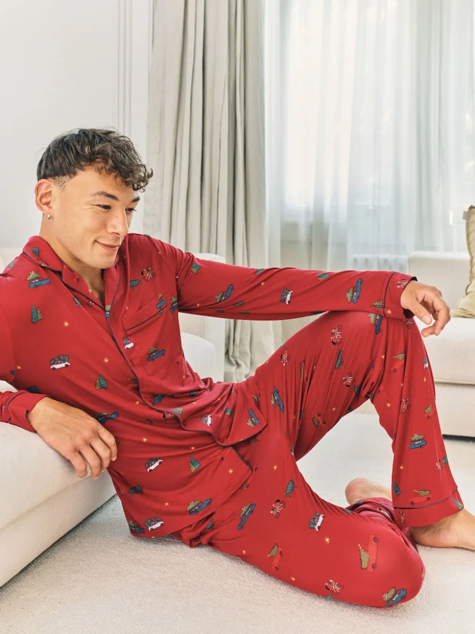 Chelsea Peers Red TENCEL™ Modal Christmas Tree Car Print Long Button Up Pyjamas Set