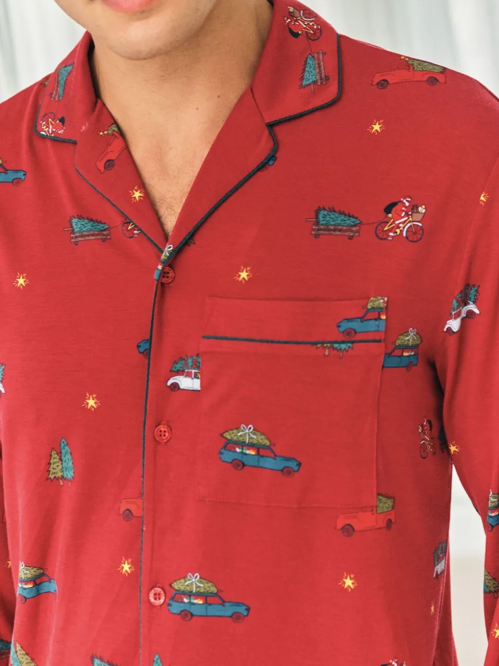 Chelsea Peers Red TENCEL™ Modal Christmas Tree Car Print Long Button Up Pyjamas Set