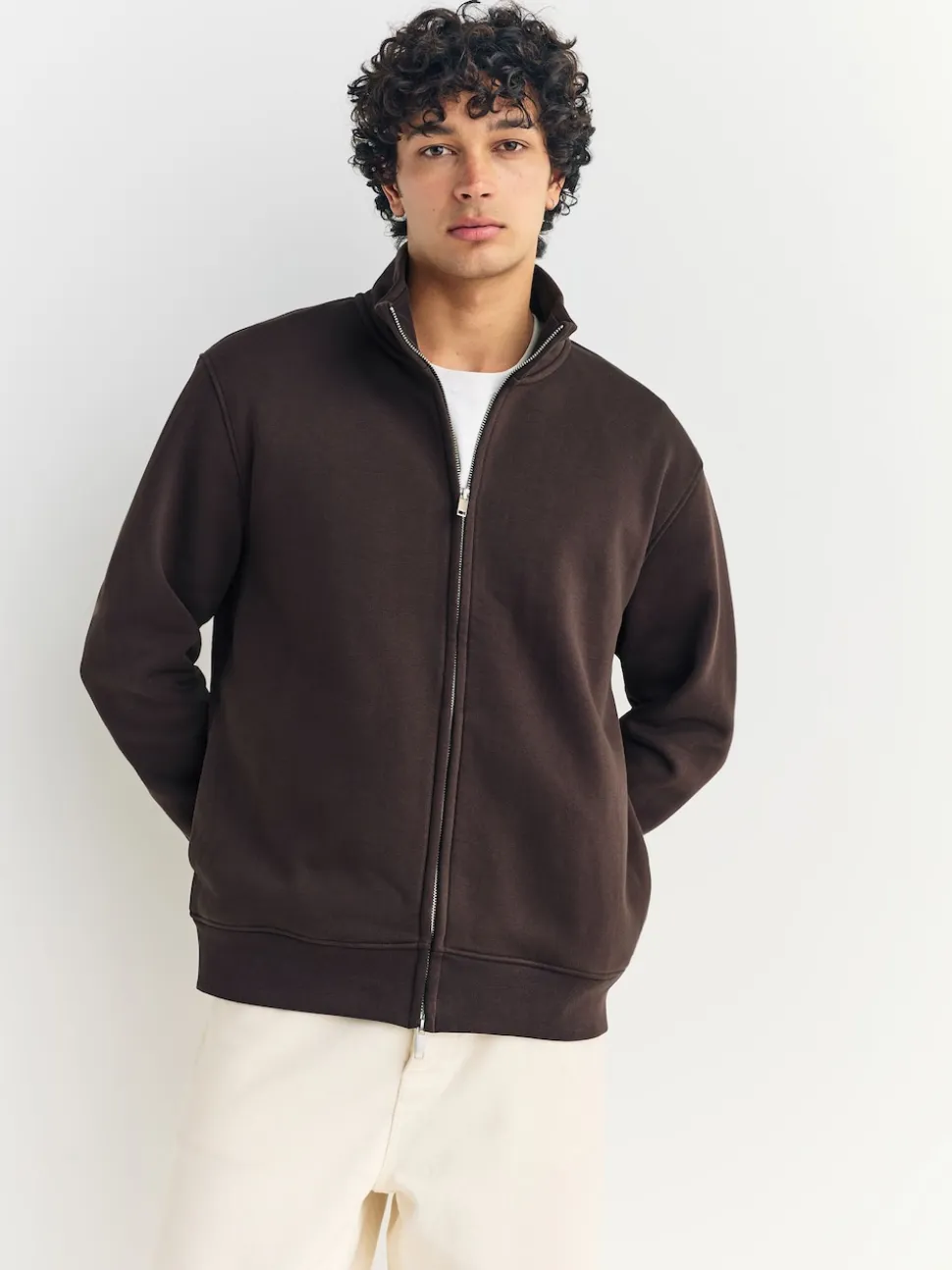Chocolate Brown Cotton Rich Jersey Full Zip Funnel Neck Sweatshirt
