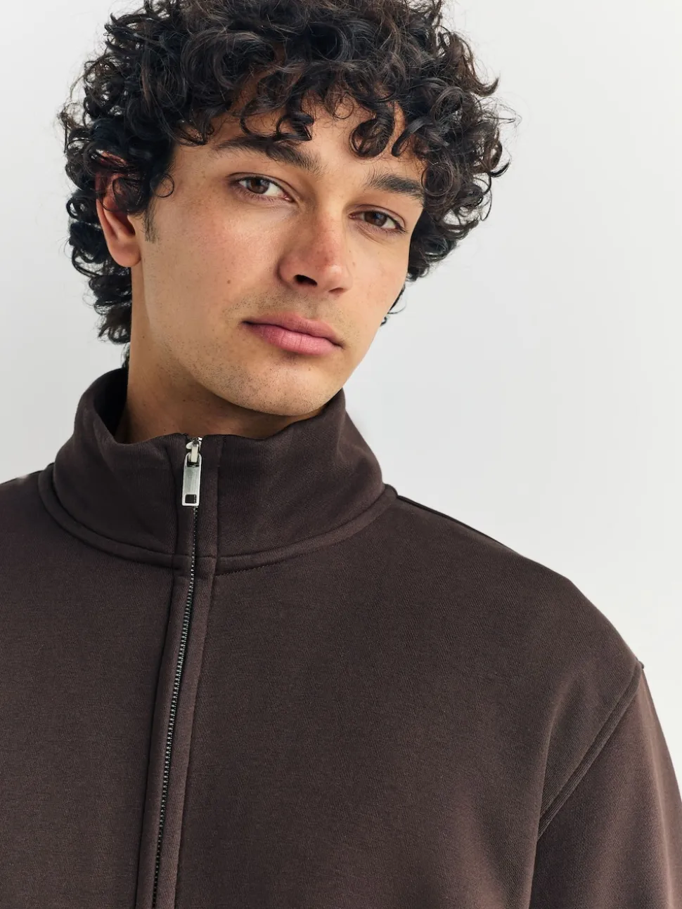 Chocolate Brown Cotton Rich Jersey Full Zip Funnel Neck Sweatshirt
