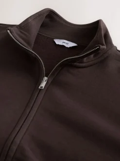 Chocolate Brown Cotton Rich Jersey Full Zip Funnel Neck Sweatshirt