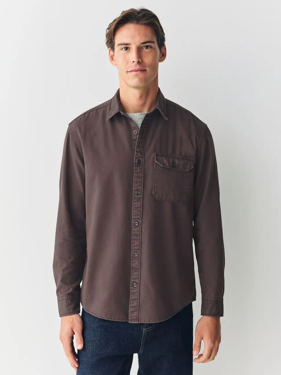 Chocolate Brown Long Sleeve Garment Dyed Oxford Shirt