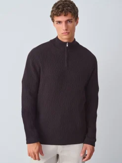 Chocolate Brown N.Premium Regular Fit Mid Weight Cable Quarter Zip Neck Jumper
