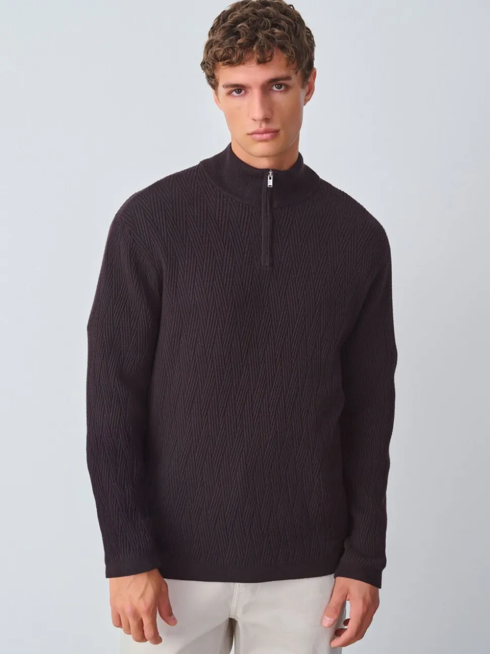 Chocolate Brown N.Premium Regular Fit Mid Weight Cable Quarter Zip Neck Jumper
