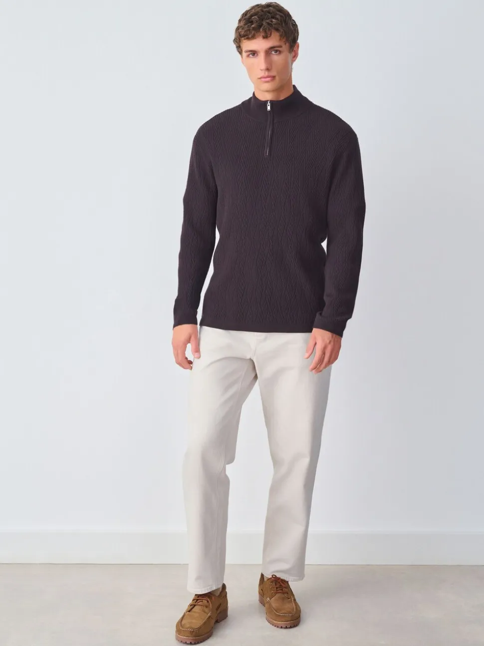 Chocolate Brown N.Premium Regular Fit Mid Weight Cable Quarter Zip Neck Jumper