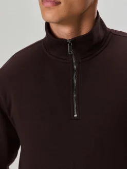 Chocolate Brown Quarter Zip Cotton Rich Jersey Sweatshirt