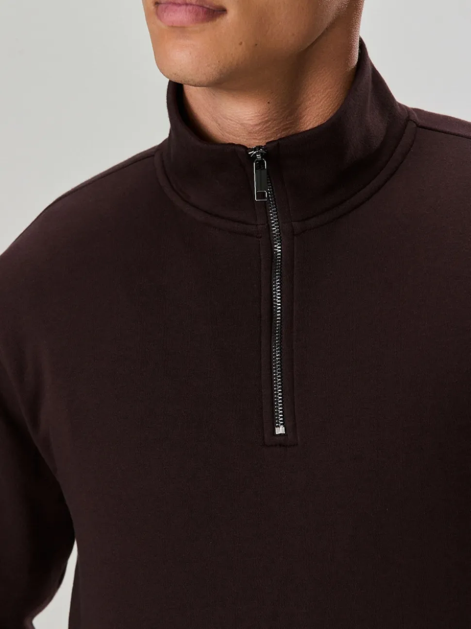 Chocolate Brown Quarter Zip Cotton Rich Jersey Sweatshirt