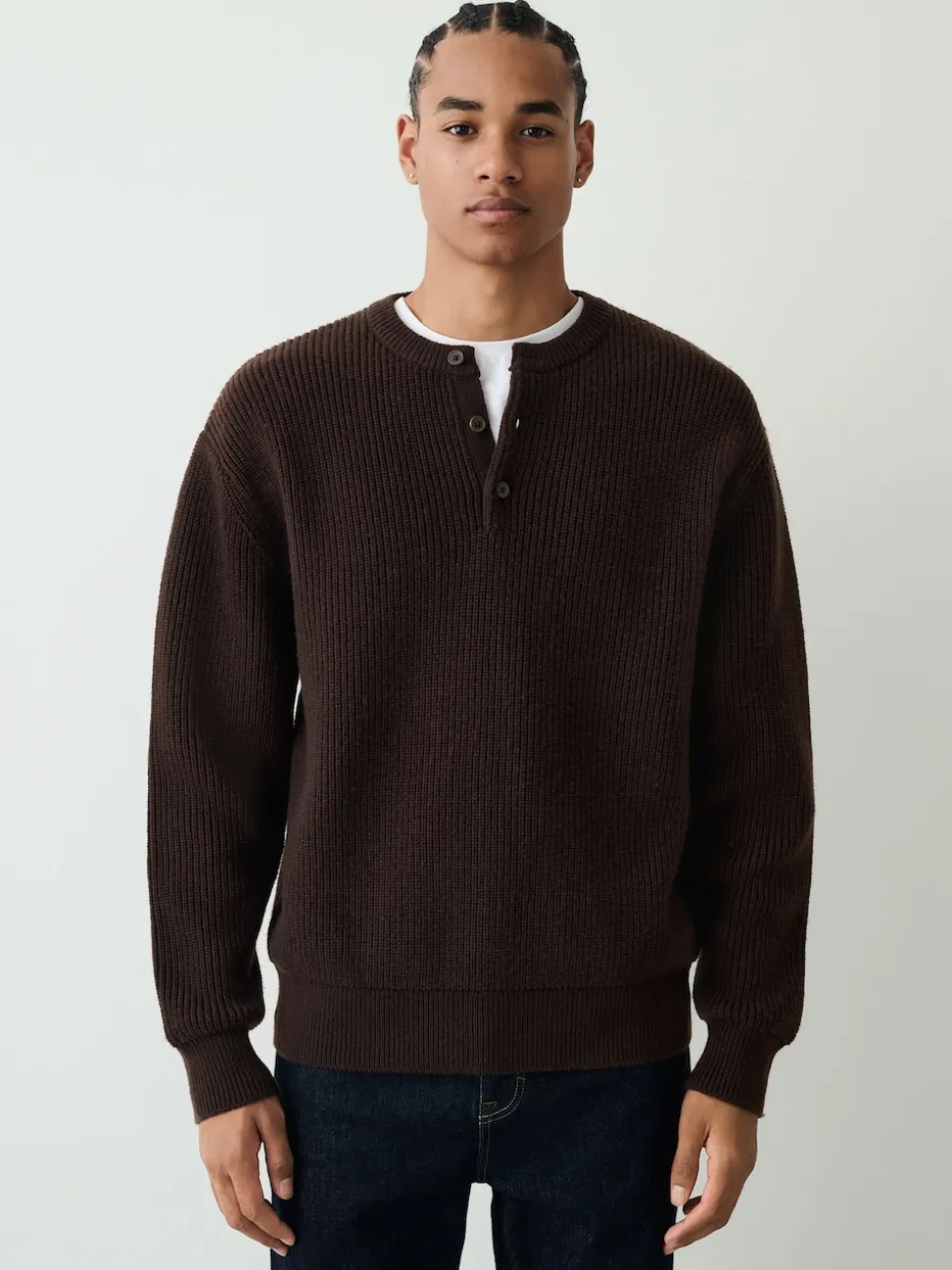Chocolate Brown Relaxed Fit Ribbed Grandad Collar Jumper with Wool