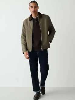 Chocolate Brown Relaxed Fit Ribbed Grandad Collar Jumper with Wool