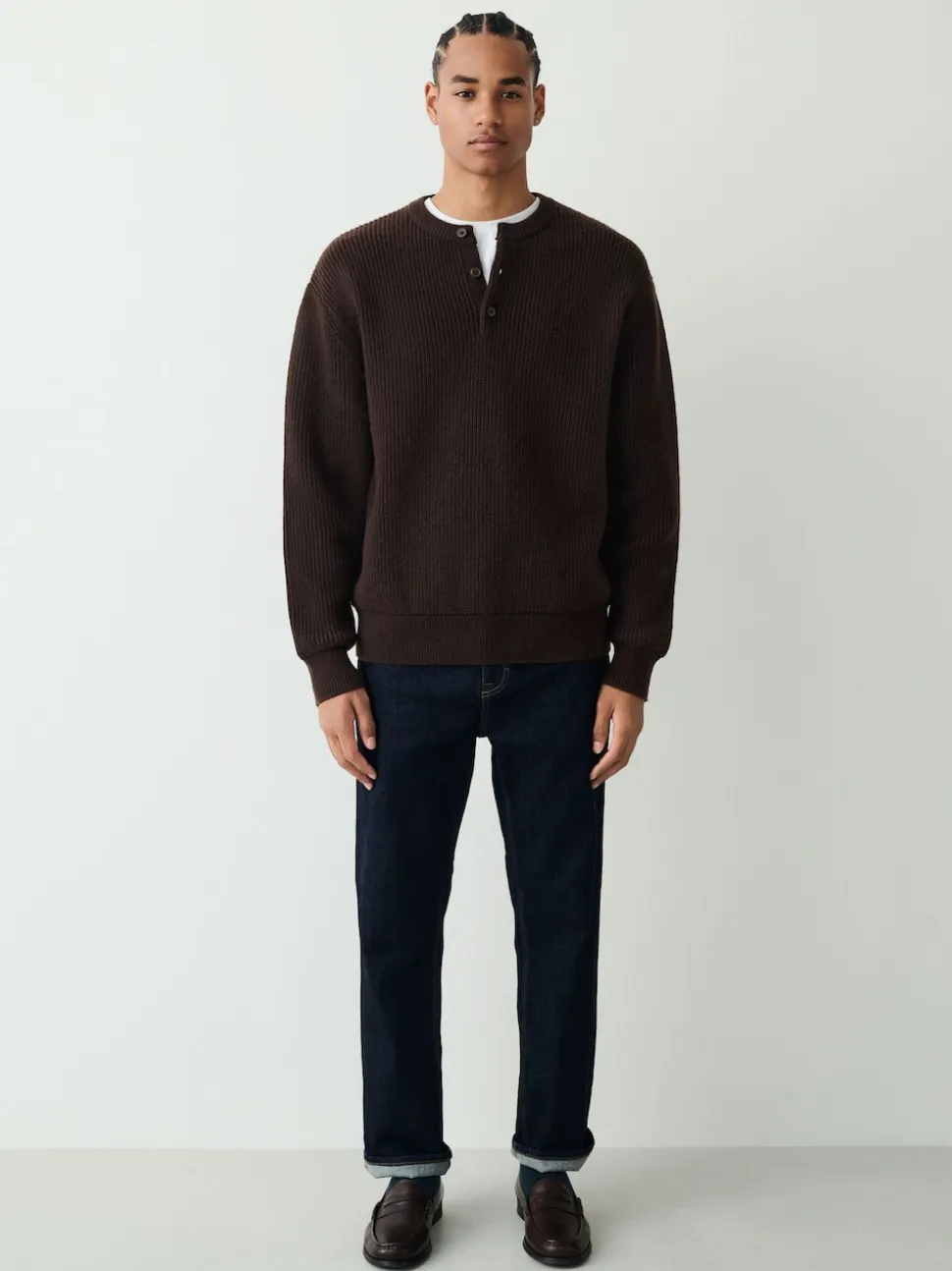 Chocolate Brown Relaxed Fit Ribbed Grandad Collar Jumper with Wool