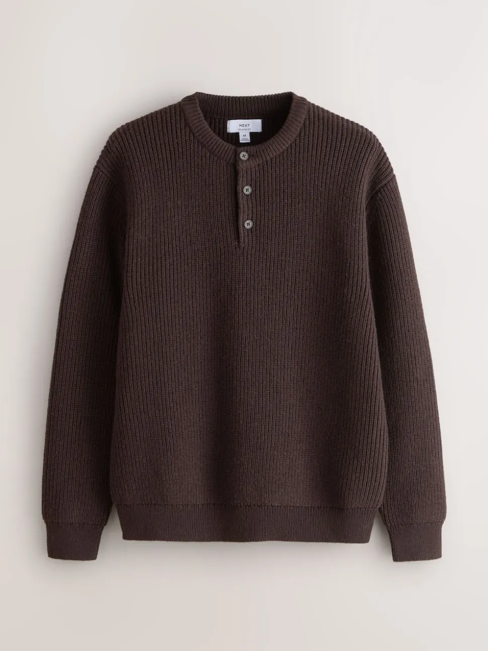 Chocolate Brown Relaxed Fit Ribbed Grandad Collar Jumper with Wool