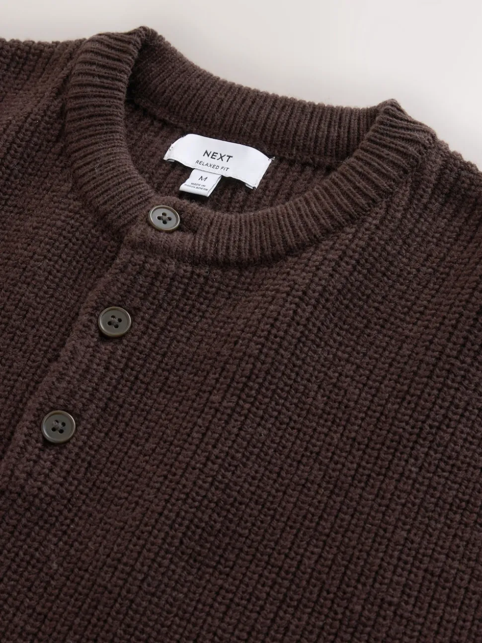 Chocolate Brown Relaxed Fit Ribbed Grandad Collar Jumper with Wool