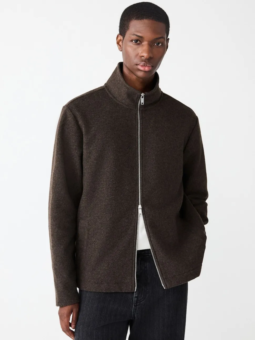 Chocolate Brown Wool Look Zip Through Funnel Fleece
