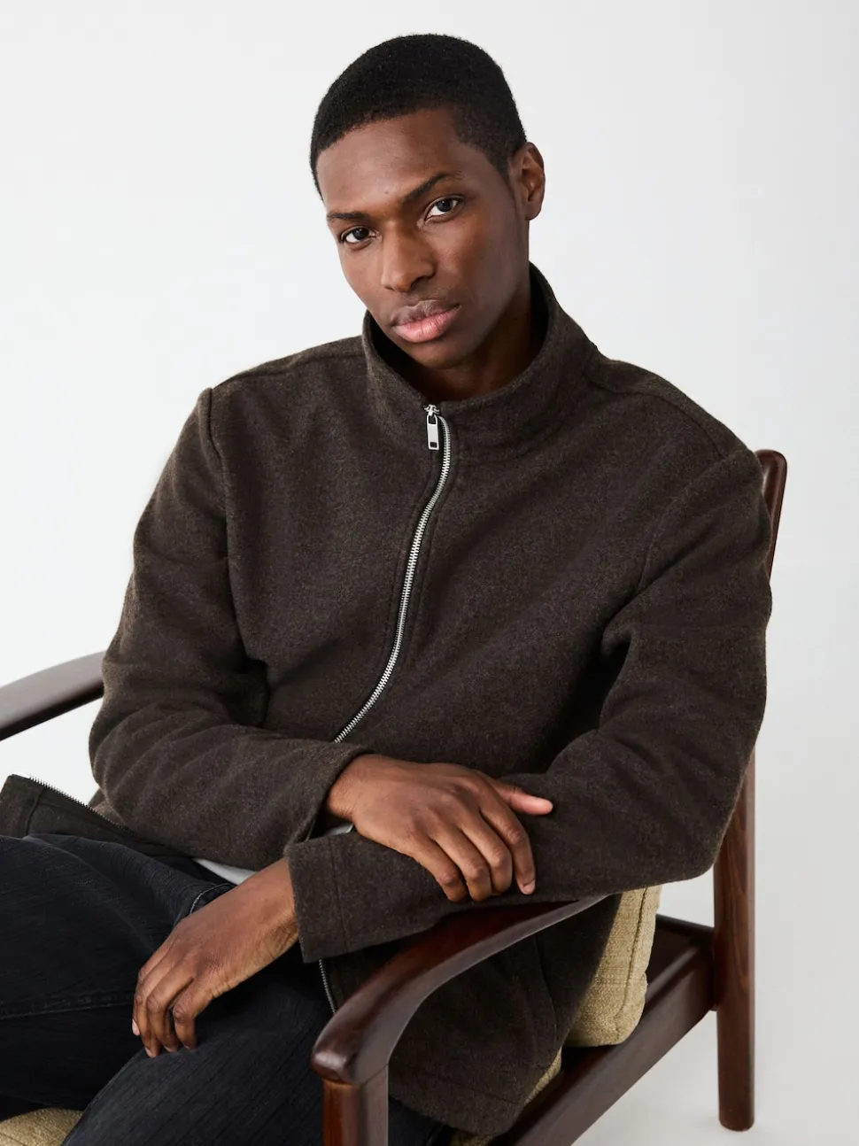 Chocolate Brown Wool Look Zip Through Funnel Fleece