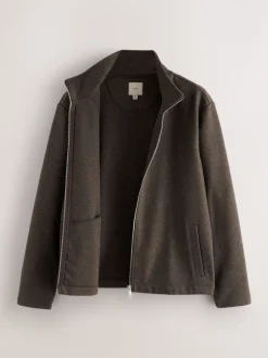 Chocolate Brown Wool Look Zip Through Funnel Fleece