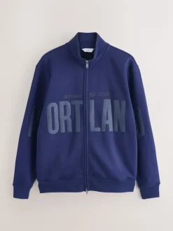 Cobalt Blue Funnel Neck Zip Through with Graphic Print Sweat Top