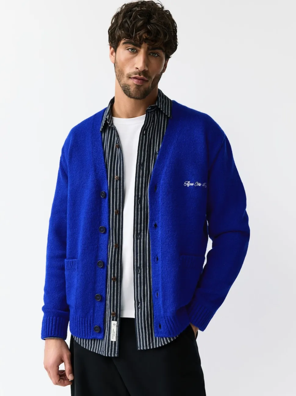 Cobalt Blue Regular Fit Embroidered Chest Motif Cardigan